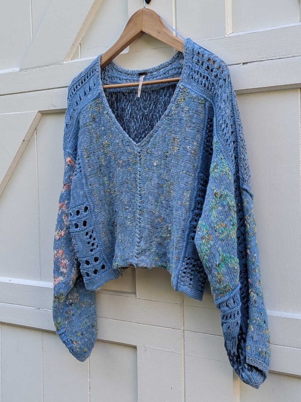 NWT Free People Mosaic V Neck Mixed Stitch Crop Sweater Moonbeam Combo XS